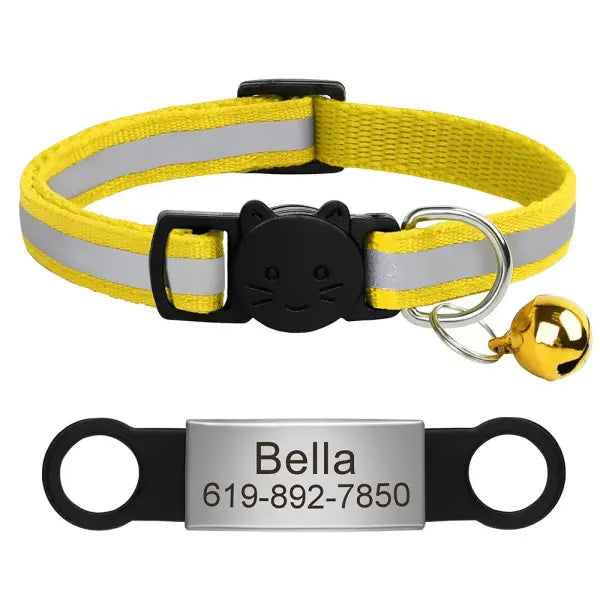 Custom Reflective Cat Collar with Engraved ID Tag Anti-Lost Kitten Necklace with Bell - Yellow 88 / 20-33cm