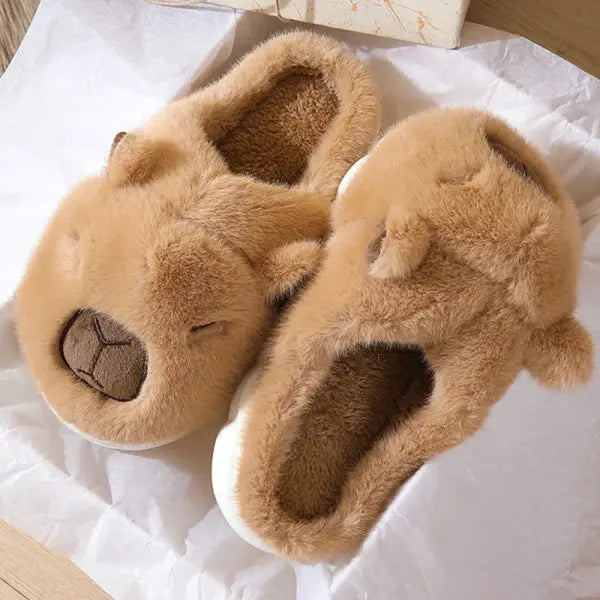 Cute Capybara Cotton Slippers – Women’s Warm Fur Indoor Slides with Soft Non-Slip Sole - Brown / 36-37
