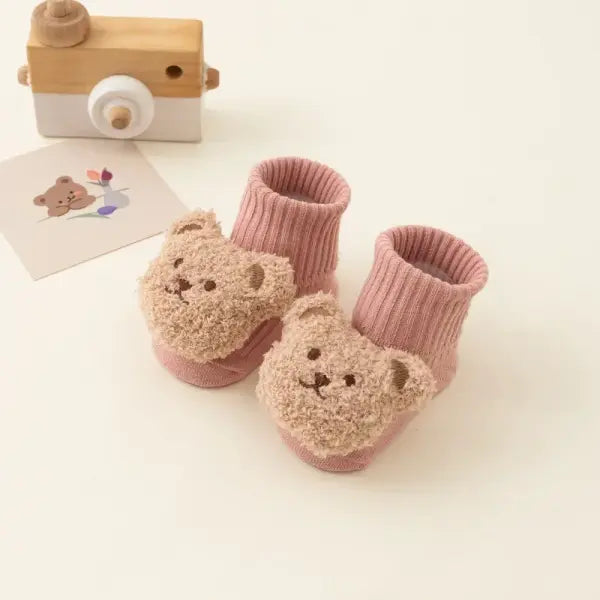 Cute Cartoon Bear Baby Socks – Winter Soft Cotton Anti-Slip Socks for Boys & Girls Newborn & Toddler - Pink