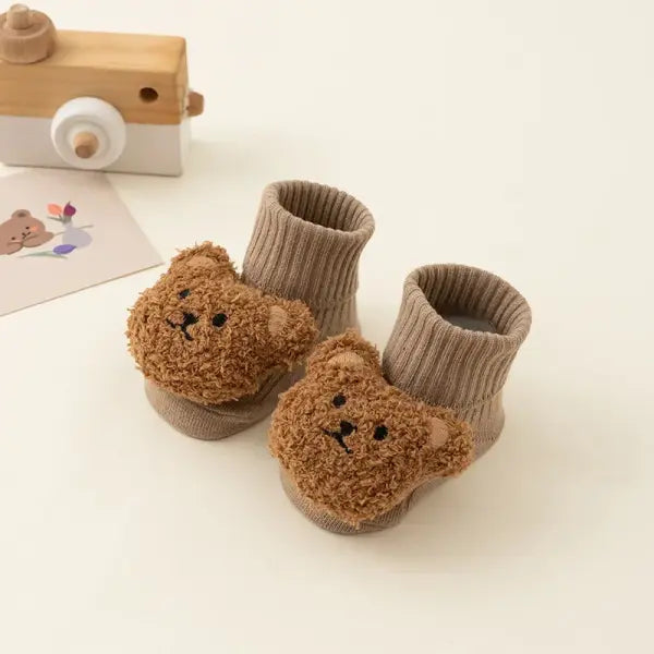 Cute Cartoon Bear Baby Socks – Winter Soft Cotton Anti-Slip Socks for Boys & Girls Newborn & Toddler - Coffee