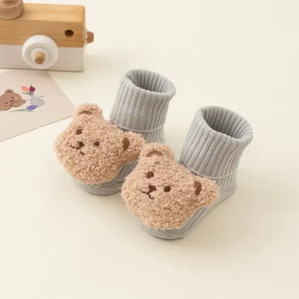 Cute Cartoon Bear Baby Socks – Winter Soft Cotton Anti-Slip Socks for Boys & Girls Newborn & Toddler - Gray