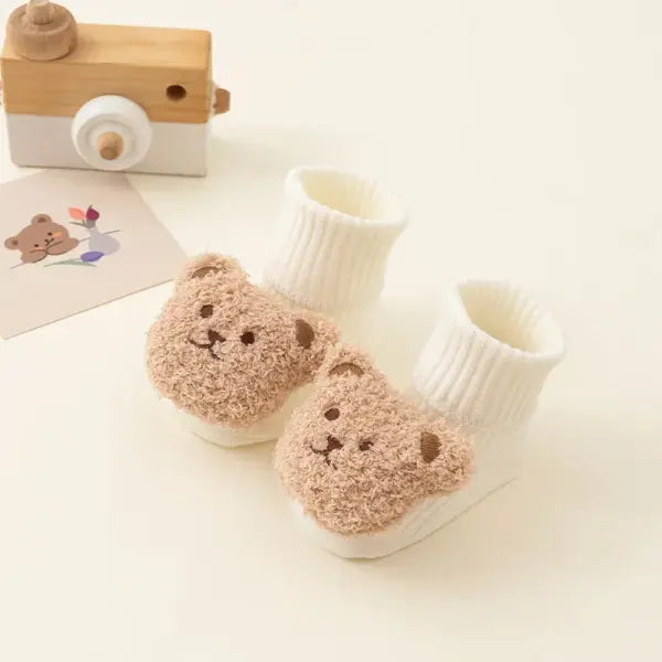 Cute Cartoon Bear Baby Socks – Winter Soft Cotton Anti-Slip Socks for Boys & Girls Newborn & Toddler - White