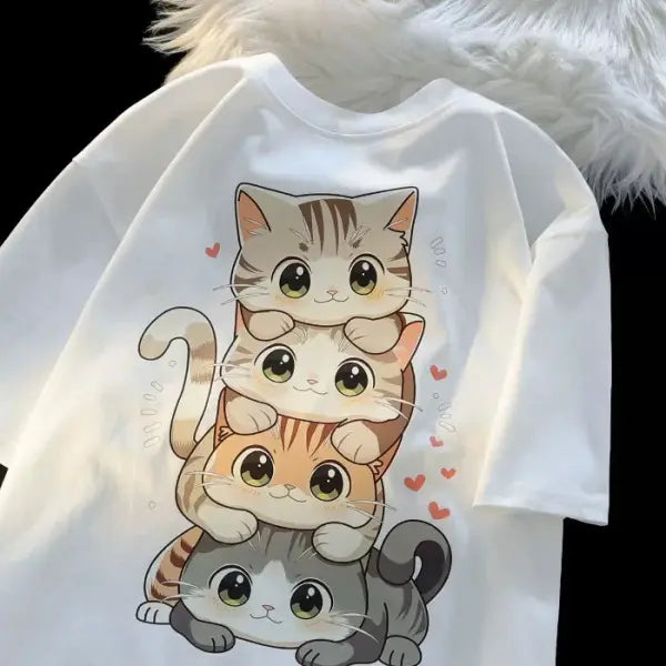 Cute Cartoon Cat Print T-Shirt – Women’s Round Neck Short Sleeve Casual Summer Tee - White / XXXL