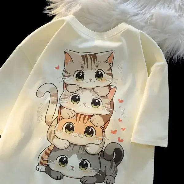 Cute Cartoon Cat Print T-Shirt – Women’s Round Neck Short Sleeve Casual Summer Tee - Apricot / M