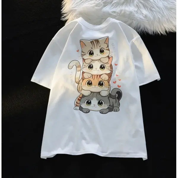Cute Cartoon Cat Print T-Shirt – Women’s Round Neck Short Sleeve Casual Summer Tee
