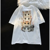 Cute Cartoon Cat Print T-Shirt – Women’s Round Neck Short Sleeve Casual Summer Tee