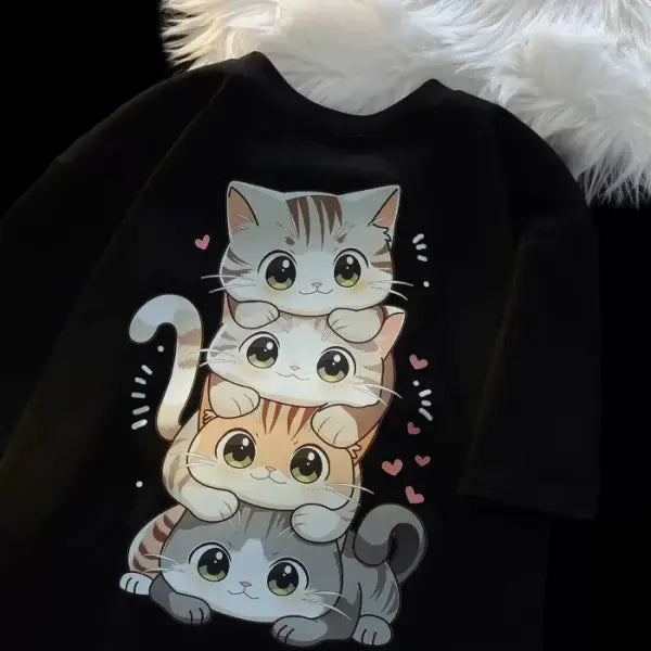 Cute Cartoon Cat Print T-Shirt – Women’s Round Neck Short Sleeve Casual Summer Tee - Black / M