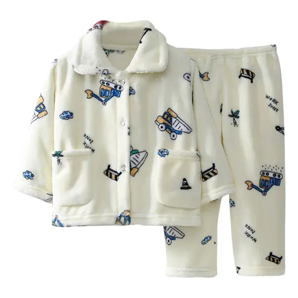 Cute Cartoon Pattern Coral Fleece Flannel Pajama Sets for Boys And Girls Long Sleeve Warm Comfortable Winter Sleepwear