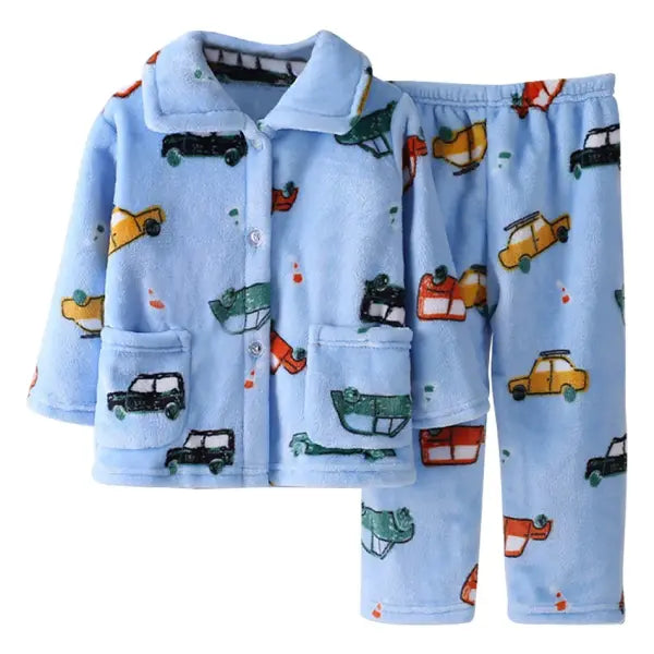 Cute Cartoon Pattern Coral Fleece Flannel Pajama Sets for Boys And Girls Long Sleeve Warm Comfortable Winter Sleepwear