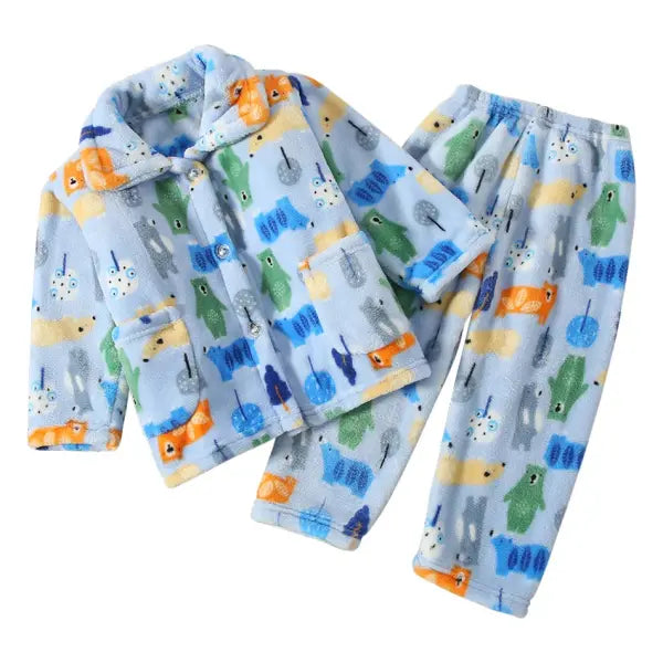 Cute Cartoon Pattern Coral Fleece Flannel Pajama Sets for Boys And Girls Long Sleeve Warm Comfortable Winter Sleepwear