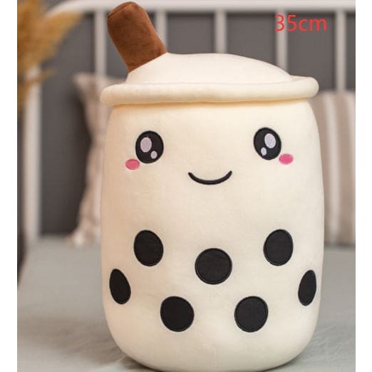 Cute Fruit Drink Plush Strawberry Milk Tea Boba Pillow Toy Cushion Gift - White / 35CM