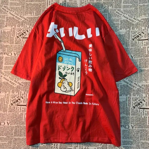Japanese Cat Print Oversized T-Shirt – Unisex Short Sleeve Cotton Tee for Casual Streetwear