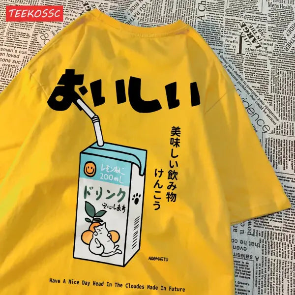 Japanese Cat Print Oversized T-Shirt – Unisex Short Sleeve Cotton Tee for Casual Streetwear - Yellow / S