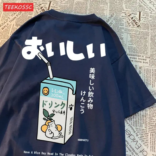 Japanese Cat Print Oversized T-Shirt – Unisex Short Sleeve Cotton Tee for Casual Streetwear - Dark Blue / L