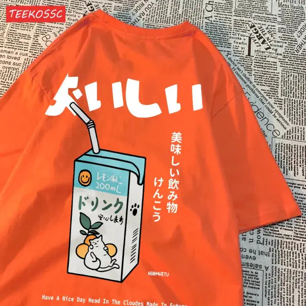Japanese Cat Print Oversized T-Shirt – Unisex Short Sleeve Cotton Tee for Casual Streetwear - Orange / XXL