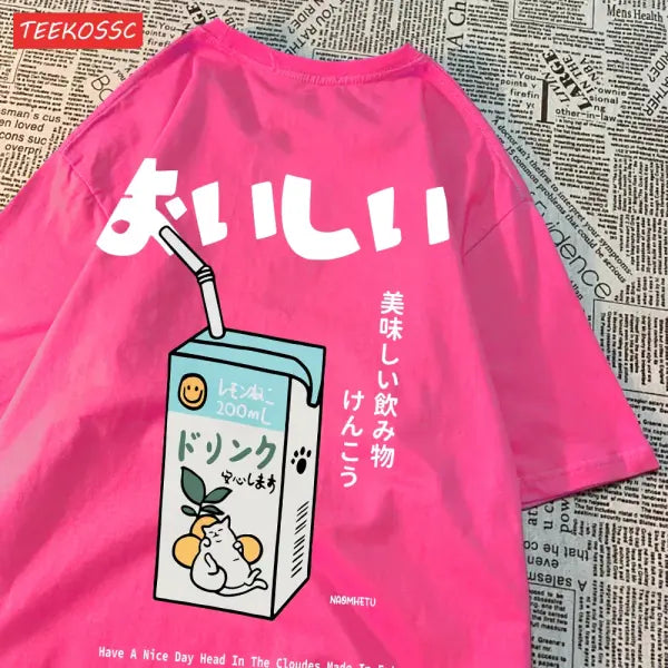Japanese Cat Print Oversized T-Shirt – Unisex Short Sleeve Cotton Tee for Casual Streetwear - Rose Red / XXL