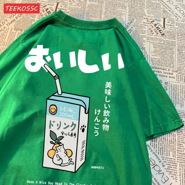 Japanese Cat Print Oversized T-Shirt – Unisex Short Sleeve Cotton Tee for Casual Streetwear - Green / L