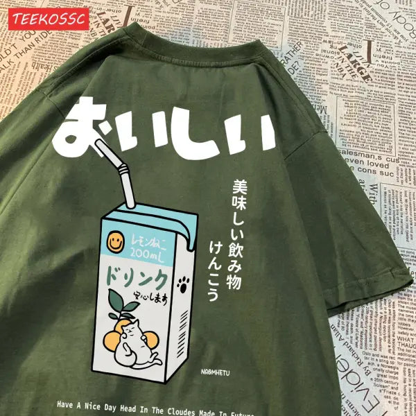 Japanese Cat Print Oversized T-Shirt – Unisex Short Sleeve Cotton Tee for Casual Streetwear - Dark Green / XXL