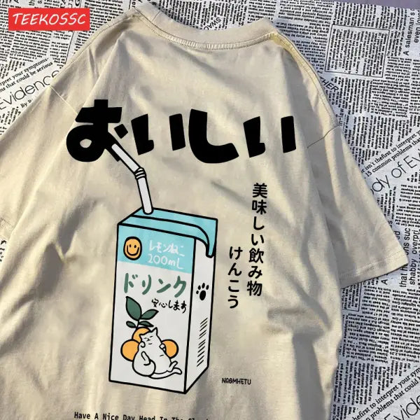 Japanese Cat Print Oversized T-Shirt – Unisex Short Sleeve Cotton Tee for Casual Streetwear - Khaki / L