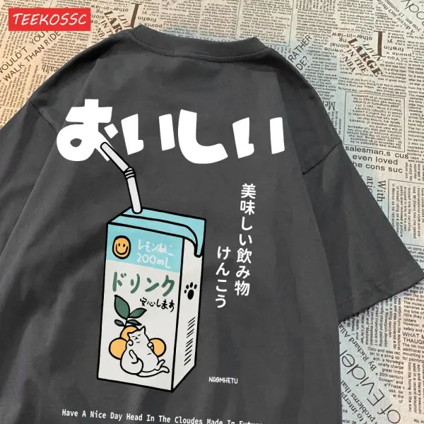 Japanese Cat Print Oversized T-Shirt – Unisex Short Sleeve Cotton Tee for Casual Streetwear - Dark Gray / S