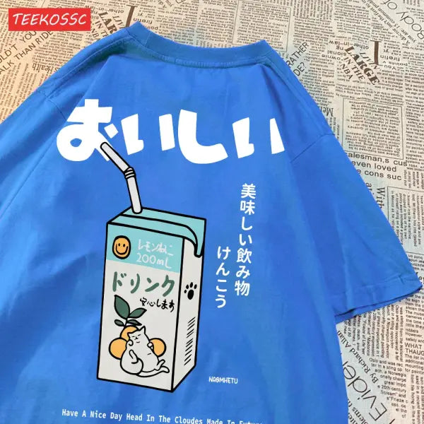 Japanese Cat Print Oversized T-Shirt – Unisex Short Sleeve Cotton Tee for Casual Streetwear - Blue / S
