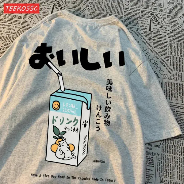 Japanese Cat Print Oversized T-Shirt – Unisex Short Sleeve Cotton Tee for Casual Streetwear - Gray / L