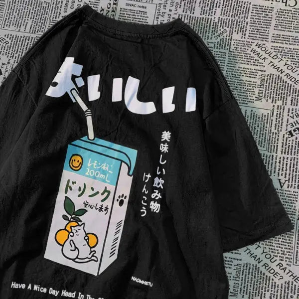 Japanese Cat Print Oversized T-Shirt – Unisex Short Sleeve Cotton Tee for Casual Streetwear - Black / M