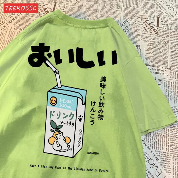 Japanese Cat Print Oversized T-Shirt – Unisex Short Sleeve Cotton Tee for Casual Streetwear - Light Green / S