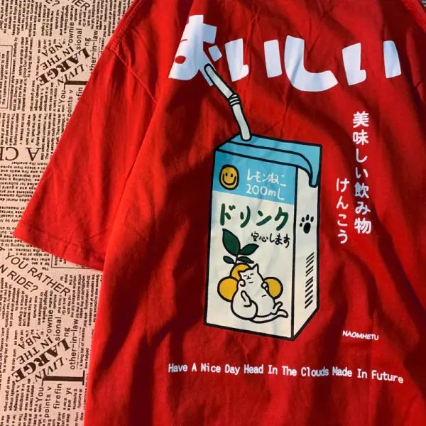 Japanese Cat Print Oversized T-Shirt – Unisex Short Sleeve Cotton Tee for Casual Streetwear