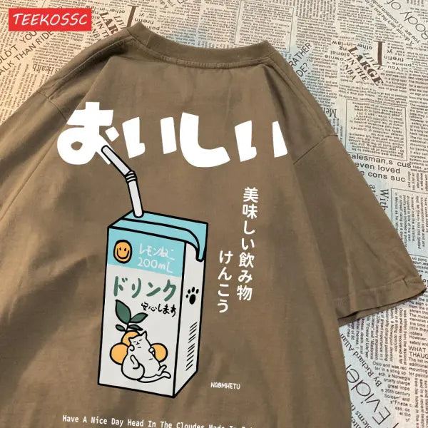Japanese Cat Print Oversized T-Shirt – Unisex Short Sleeve Cotton Tee for Casual Streetwear - Brown / XXL