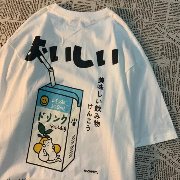 Japanese Cat Print Oversized T-Shirt – Unisex Short Sleeve Cotton Tee for Casual Streetwear - White / XL