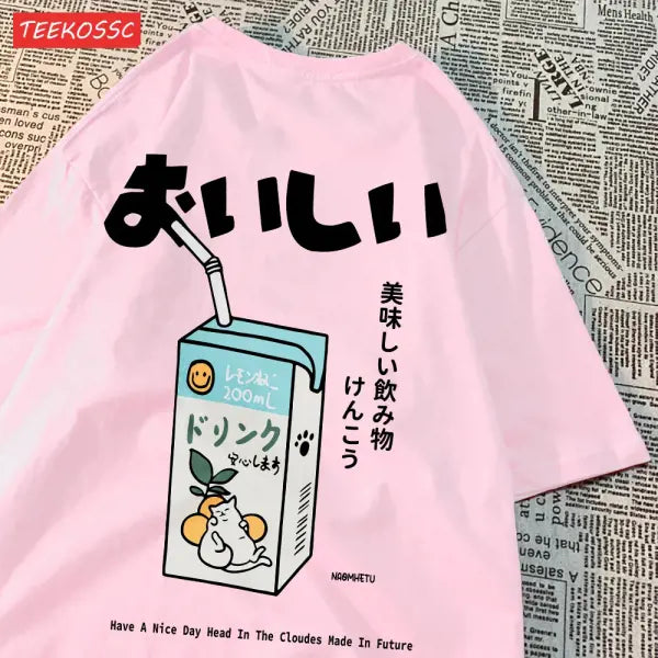 Japanese Cat Print Oversized T-Shirt – Unisex Short Sleeve Cotton Tee for Casual Streetwear - Pink / S