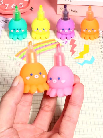 5 Colors Cute Octopus Highlighter Watercolor Highlighter and Graffiti Markings for School and Office