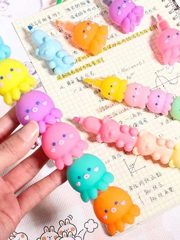 5 Colors Cute Octopus Highlighter Watercolor Highlighter and Graffiti Markings for School and Office