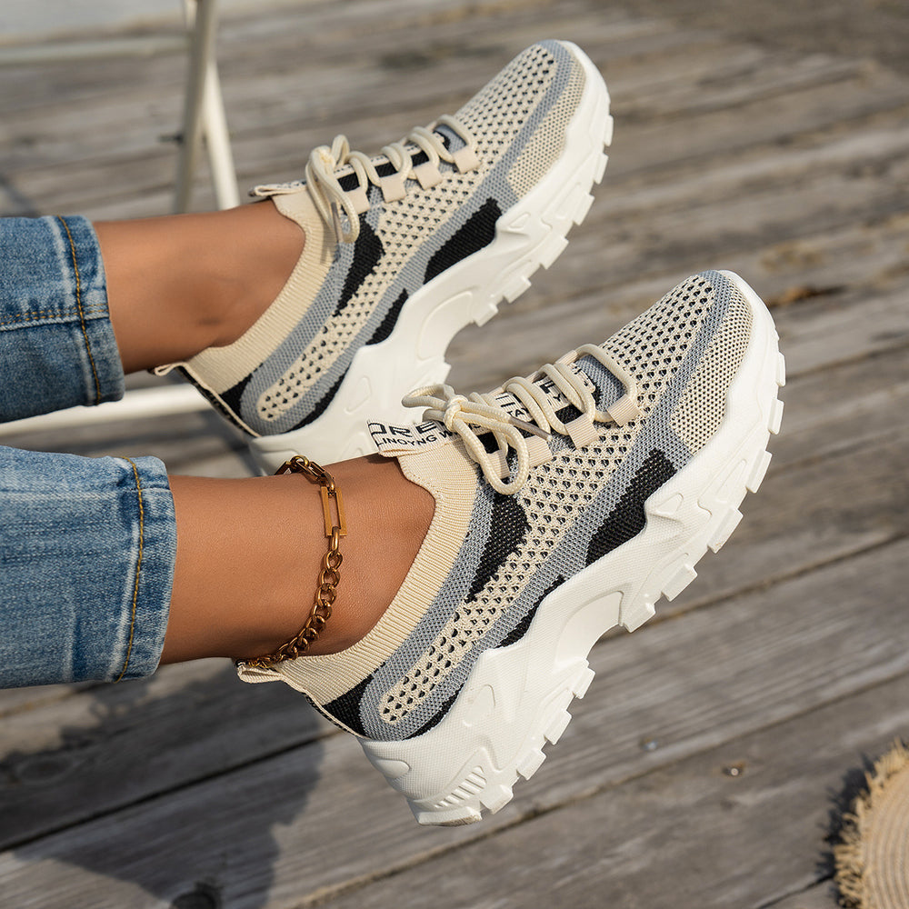 Women’s Breathable Flyknit Low Heel Shoes with Rubber Sole Material
