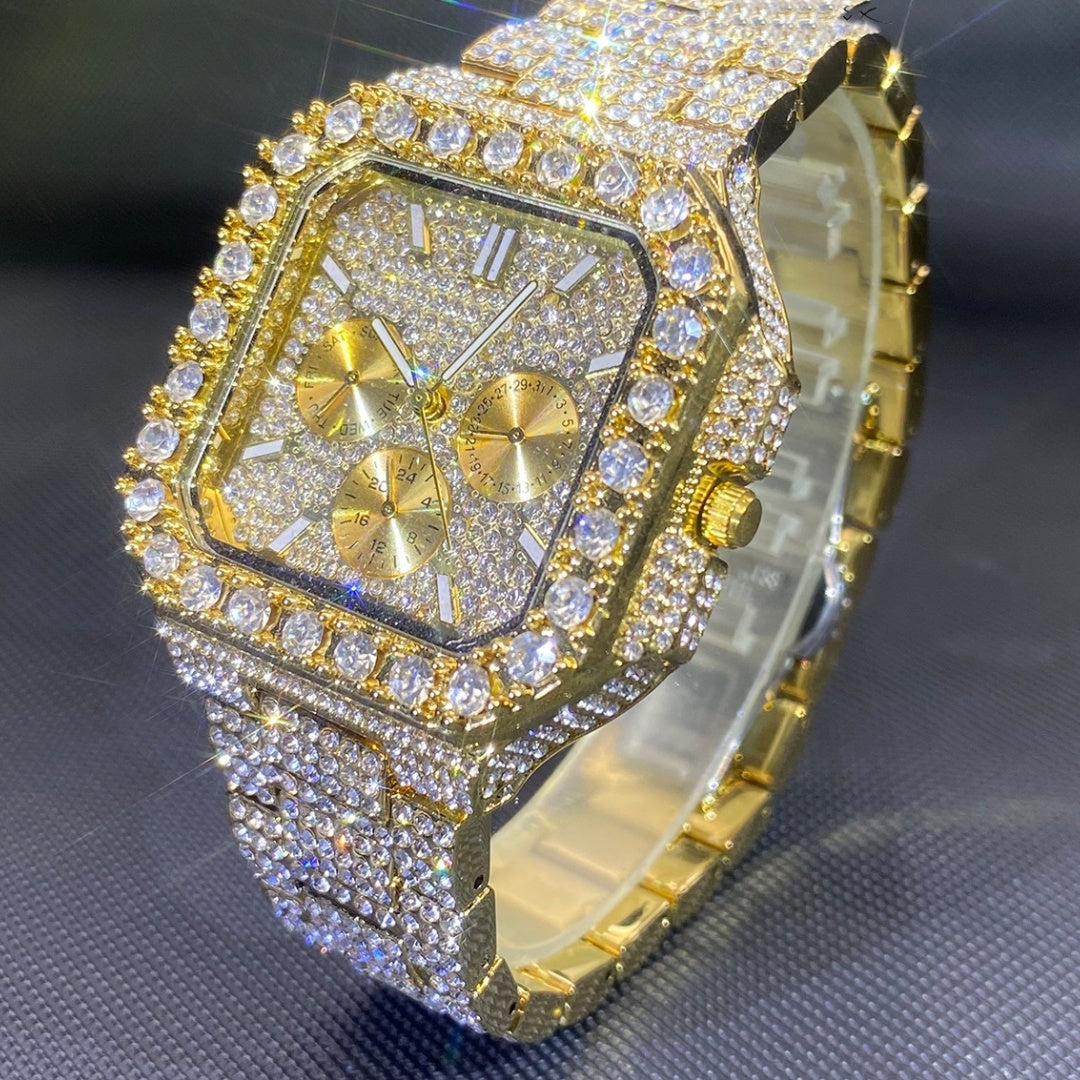 European And American Hip-hop Men’s Watch Square-shaped Fully Diamond-encrusted Multi-functional - Gold