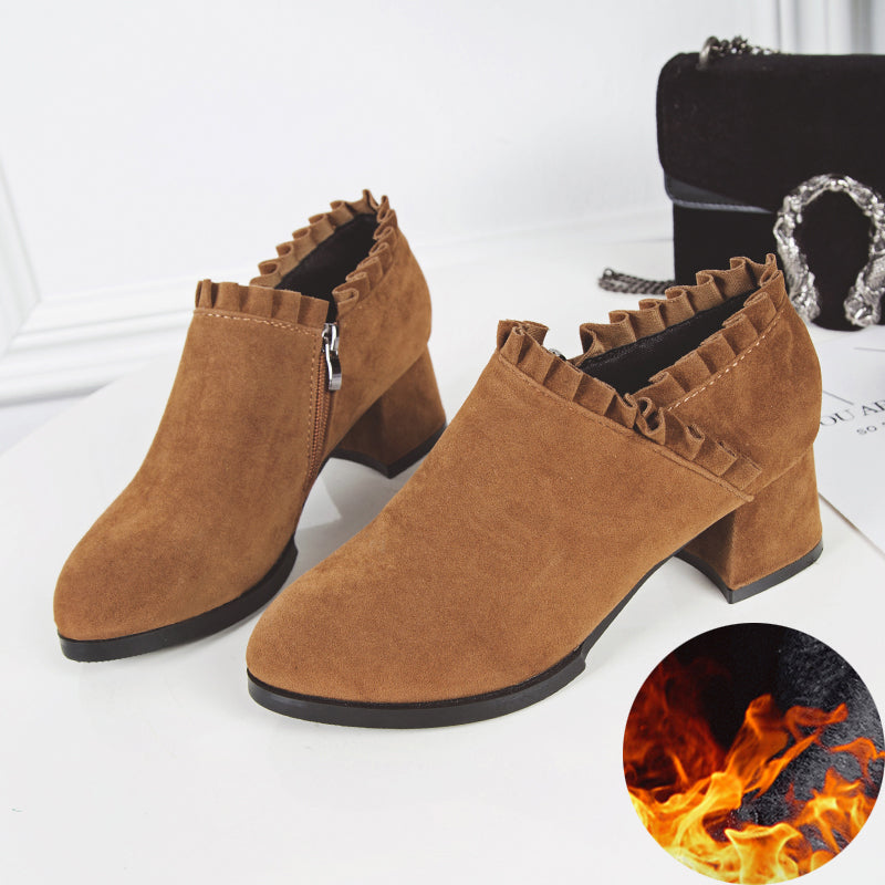 Women High Heel Suede Martin Boots with Side Zipper - Brown plus cotton / 35 - Hair Remover