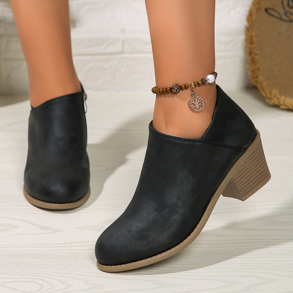 Chunky Heel Round Toe Ankle Boots in Soft Synthetic Material