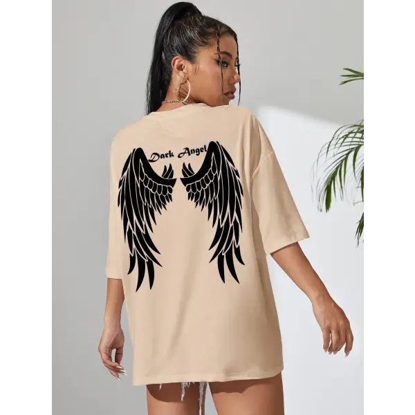 Dark Angel Wing Graphic T-Shirt for Women – Oversized Hip Hop Streetwear Cotton Tee - Khaki / XXL
