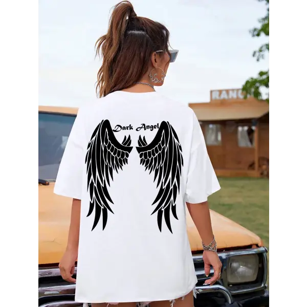 Dark Angel Wing Graphic T-Shirt for Women – Oversized Hip Hop Streetwear Cotton Tee - White / L