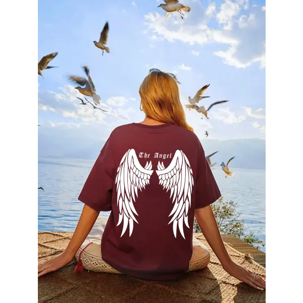 Dark Angel Wing Graphic T-Shirt for Women – Oversized Hip Hop Streetwear Cotton Tee - Wine Red / XXL