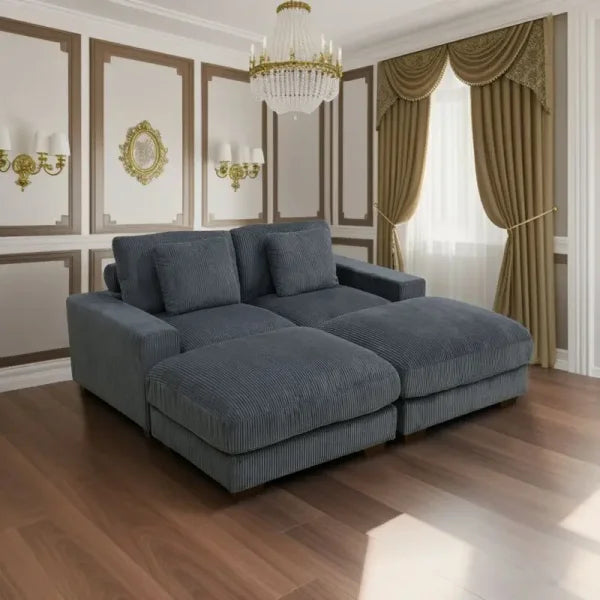 Dark Grey Corduroy 3-Piece Sofa - Double Armrests High-Density Sponge & Solid Wood