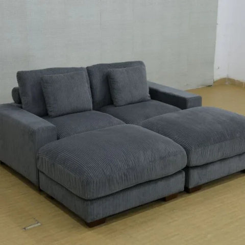 Dark Grey Corduroy 3-Piece Sofa - Double Armrests High-Density Sponge & Solid Wood