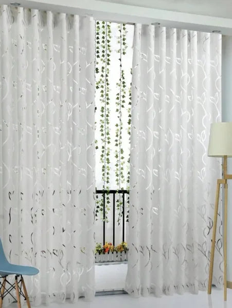 Decorative Cut-Out Leaves Sheer Curtain - Elegant Bedroom & Living Room Drapes - White / W100xH213cm / Rod Pocket