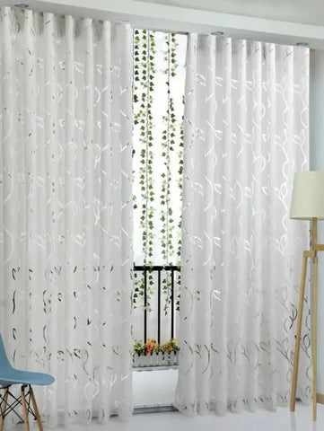 Decorative Cut-Out Leaves Sheer Curtain - Elegant Bedroom & Living Room Drapes - White / W100xH213cm / Rod Pocket