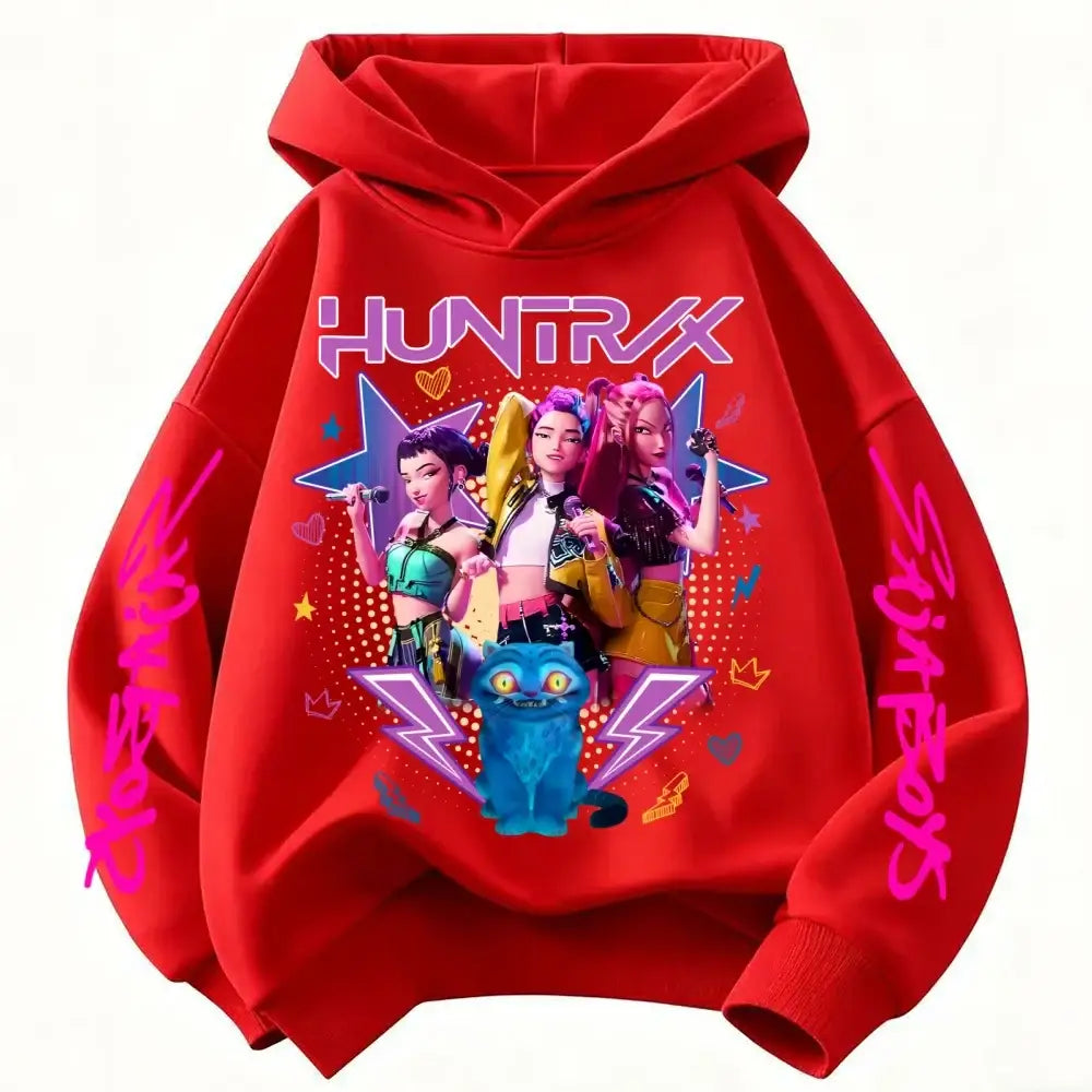 Demone Hunter Girl’s Pink Hooded Streetwear Autumn Cute Anime Baby Pullover Kids Y2K Kawaii Long Sleeved T-shirt Casual
