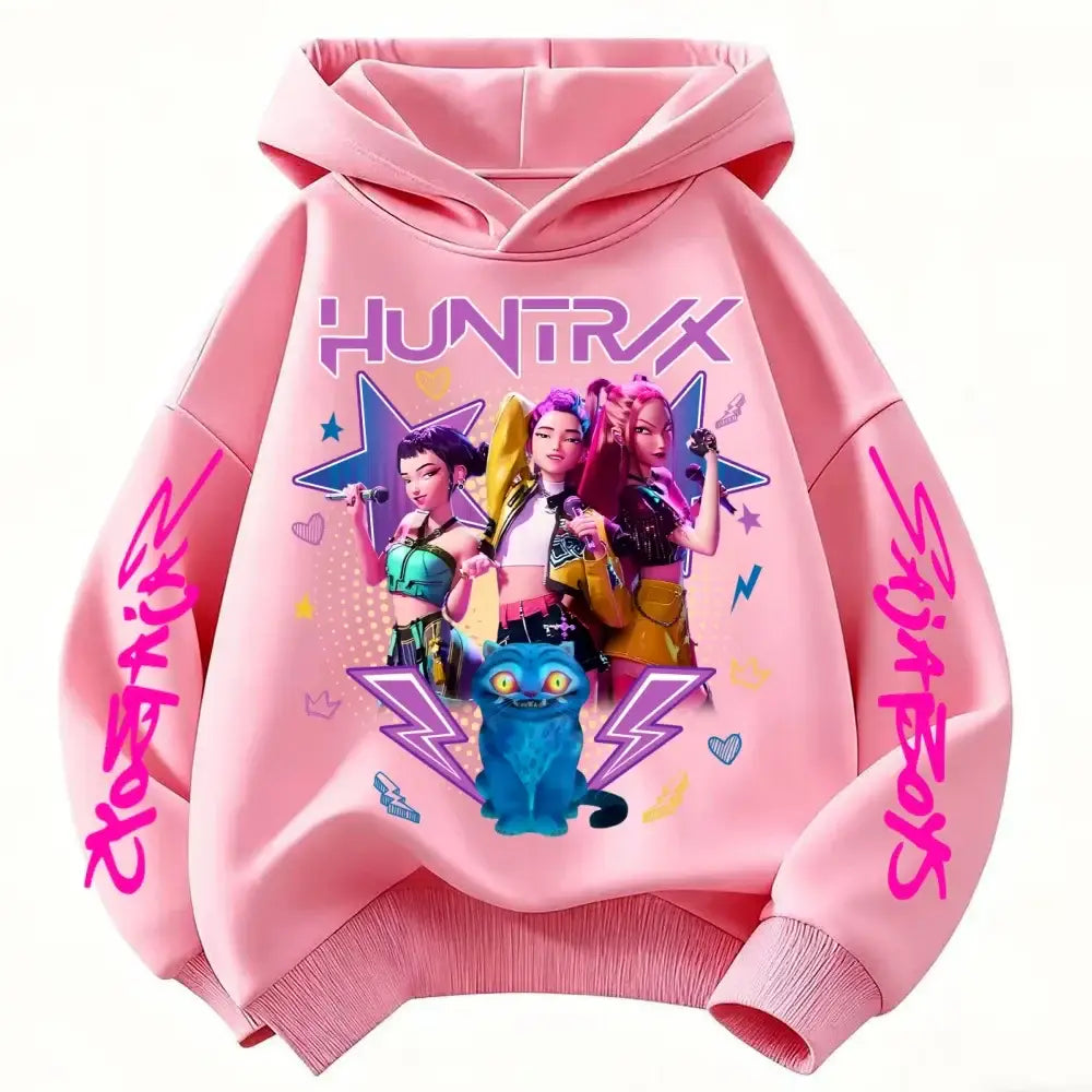 Demone Hunter Girl’s Pink Hooded Streetwear Autumn Cute Anime Baby Pullover Kids Y2K Kawaii Long Sleeved T-shirt Casual