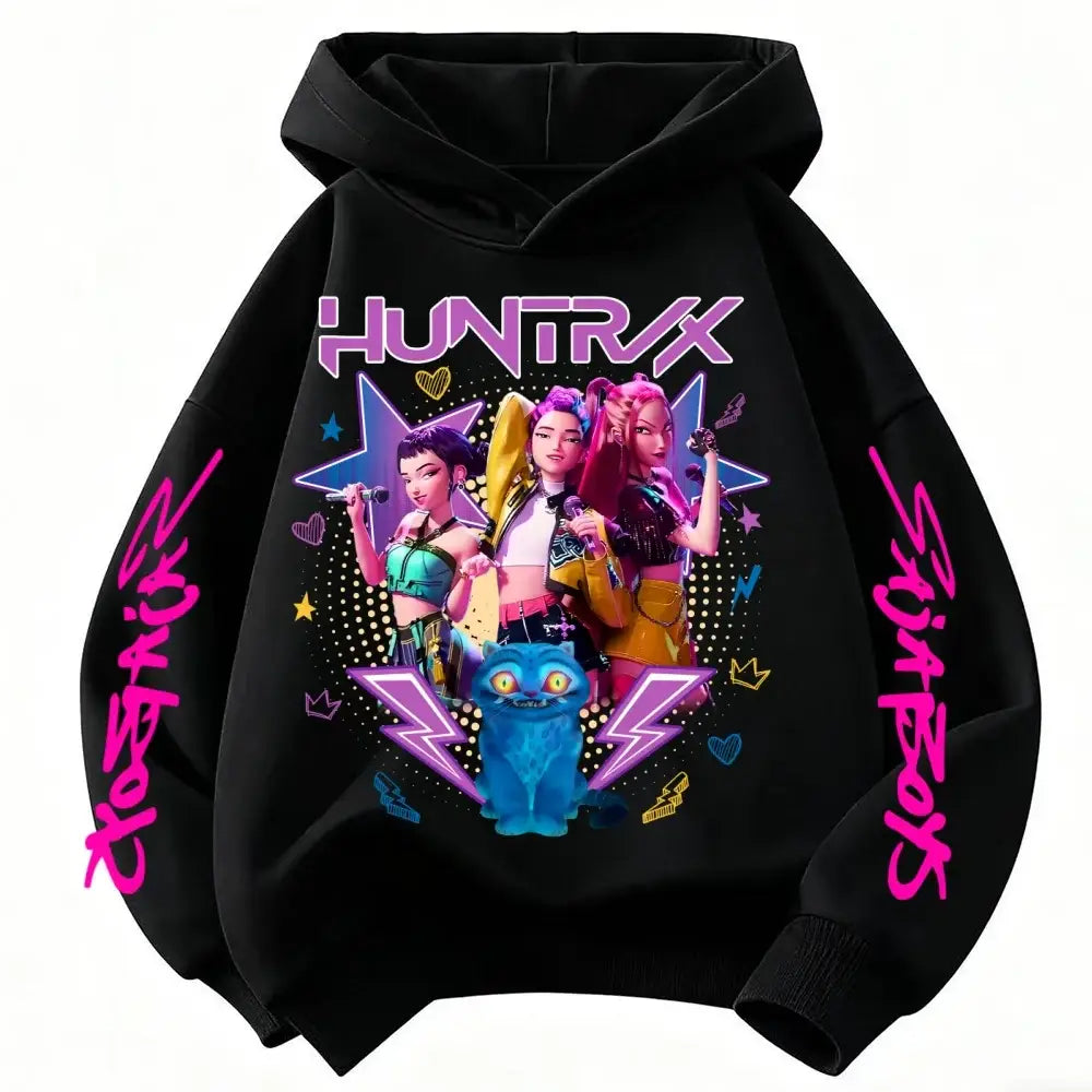 Demone Hunter Girl’s Pink Hooded Streetwear Autumn Cute Anime Baby Pullover Kids Y2K Kawaii Long Sleeved T-shirt Casual