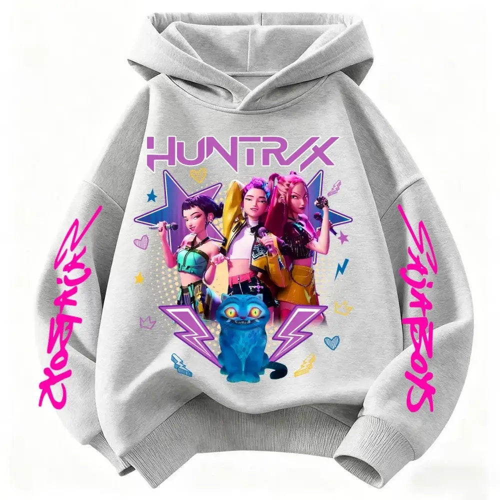 Demone Hunter Girl’s Pink Hooded Streetwear Autumn Cute Anime Baby Pullover Kids Y2K Kawaii Long Sleeved T-shirt Casual