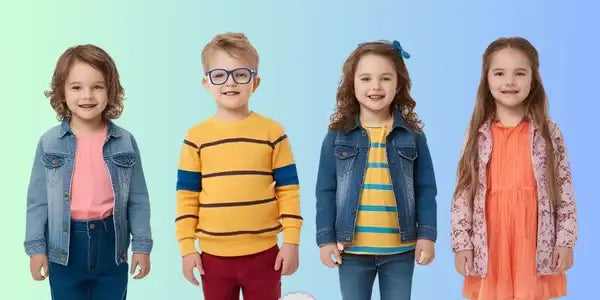 Denim jacket with pink shirt and jeans, yellow striped sweater with red pants and glasses, blue jean jacket over a striped shirt and jeans, orange dress with floral pattern.